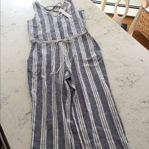 DREW forAnthropologie xsblue/white linen jumpsuit